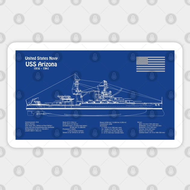 USS Arizona Battleship bb-39. World War II. Sunk on Pearl Harbor - AD Sticker by SPJE Illustration Photography